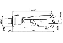 Розміри симістора, тріака ТС151-100-3 штирьовий з гнучким виводом